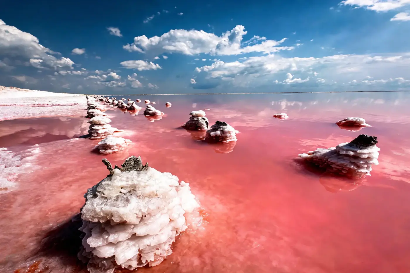 Соляные кристаллы и розовая вода озера Сасык-Сиваш крупным планом